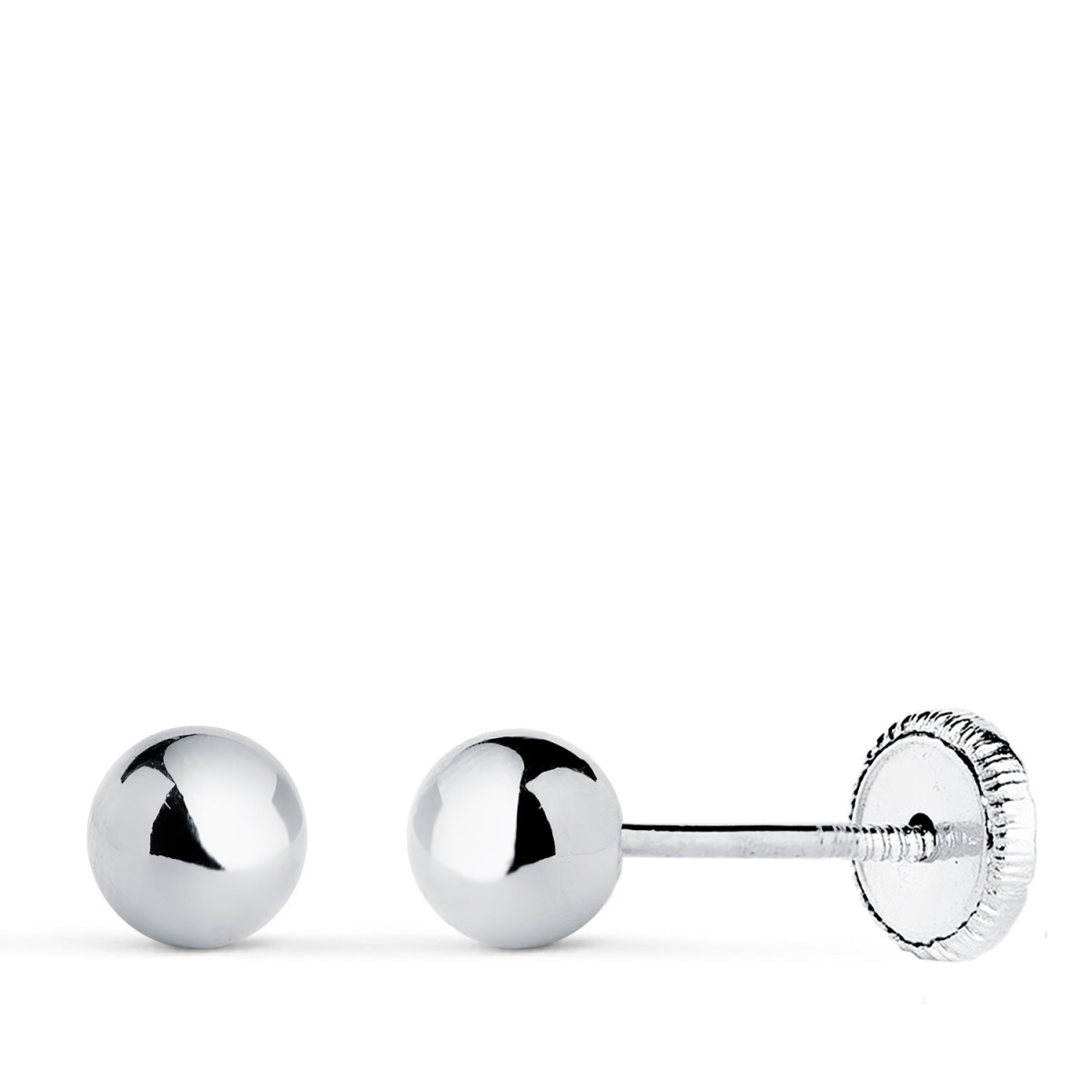 18K PENDIENTES ORO BLANCO BOLA LISA BRILLA HUECA. ANCHO: 5 MM. CIERRE TUERCA