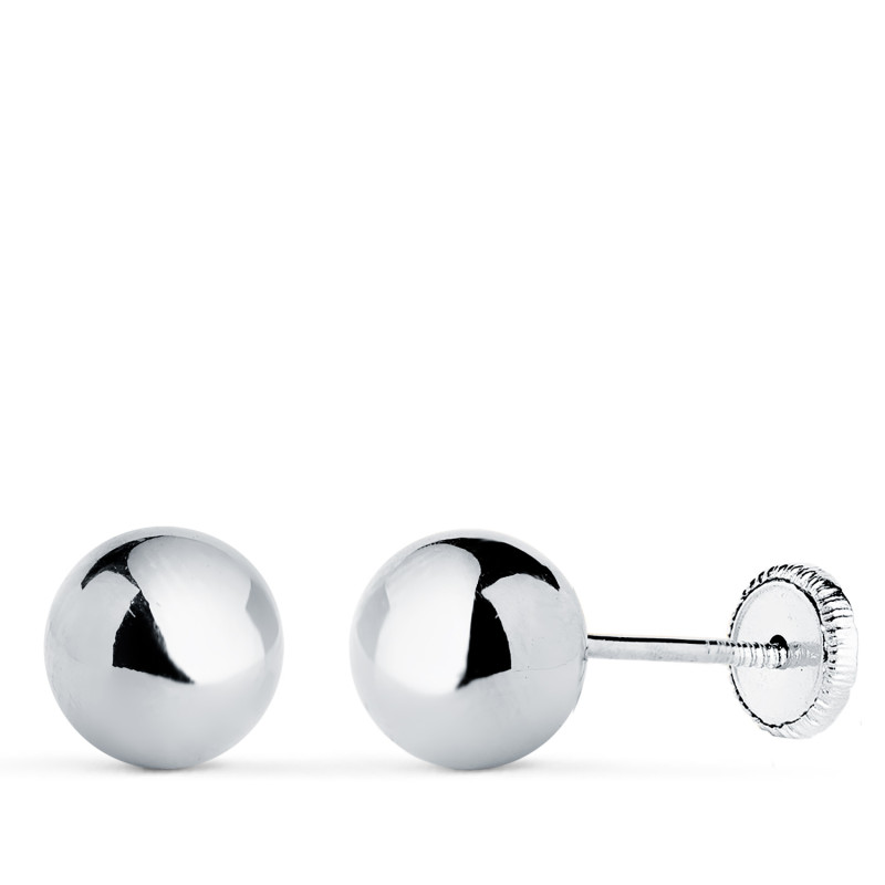 18K PENDIENTES ORO BLANCO BOLA LISA BRILLA HUECA. ANCHO: 7 MM. CIERRE TUERCA