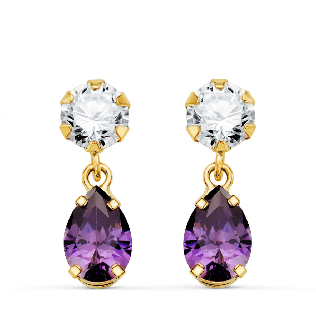 18K PENDIENTES ORO AMARILLO DOS CUERPOS CON CIRCONITA Y AMATISTA LAGRIMA 16 X 5MM. CIERRE PRESION
