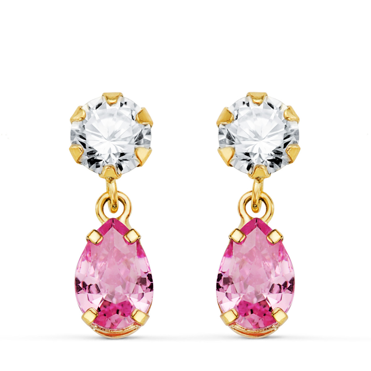 18K PENDIENTES ORO AMARILLO DOS CUERPOS CON CIRCONITA Y PIEDRA ROSA LAGRIMA 16 X 5MM. CIERRE PRESION