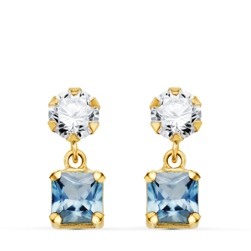18K PENDIENTES ORO AMARILLO DOS CUERPOS CON CIRCONITA Y AGUA MARINA CUADRADA 14 X 5MM. CIERRE PRESION