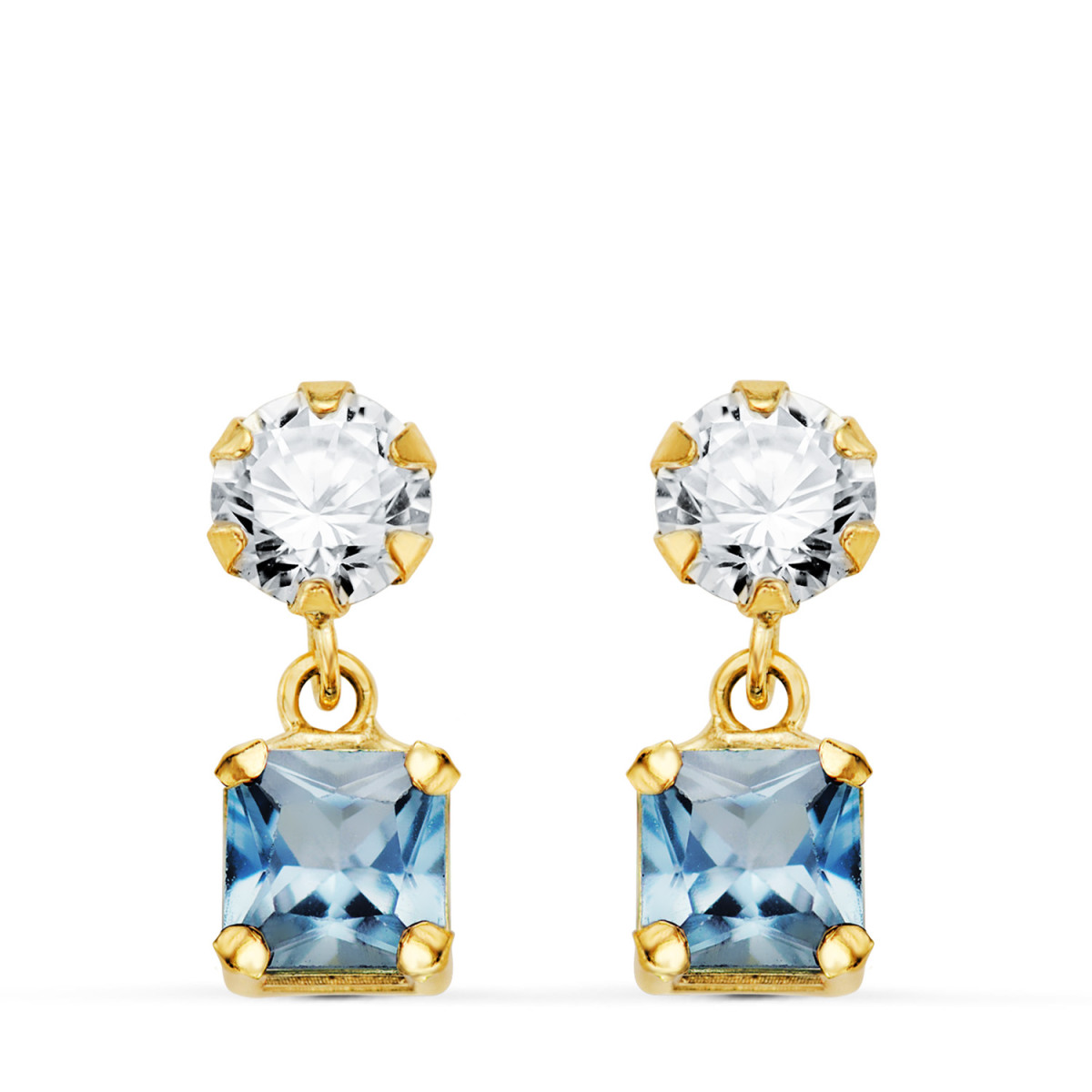 18K PENDIENTES ORO AMARILLO DOS CUERPOS CON CIRCONITA Y AGUA MARINA CUADRADA 14 X 5MM. CIERRE PRESION
