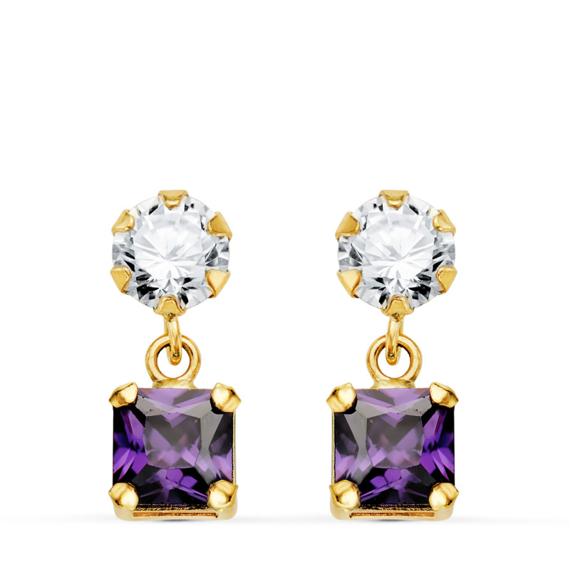 18K PENDIENTES ORO AMARILLO DOS CUERPOS CON CIRCONITA Y AMATISTA CUADRADA 14 X 5MM. CIERRE PRESION