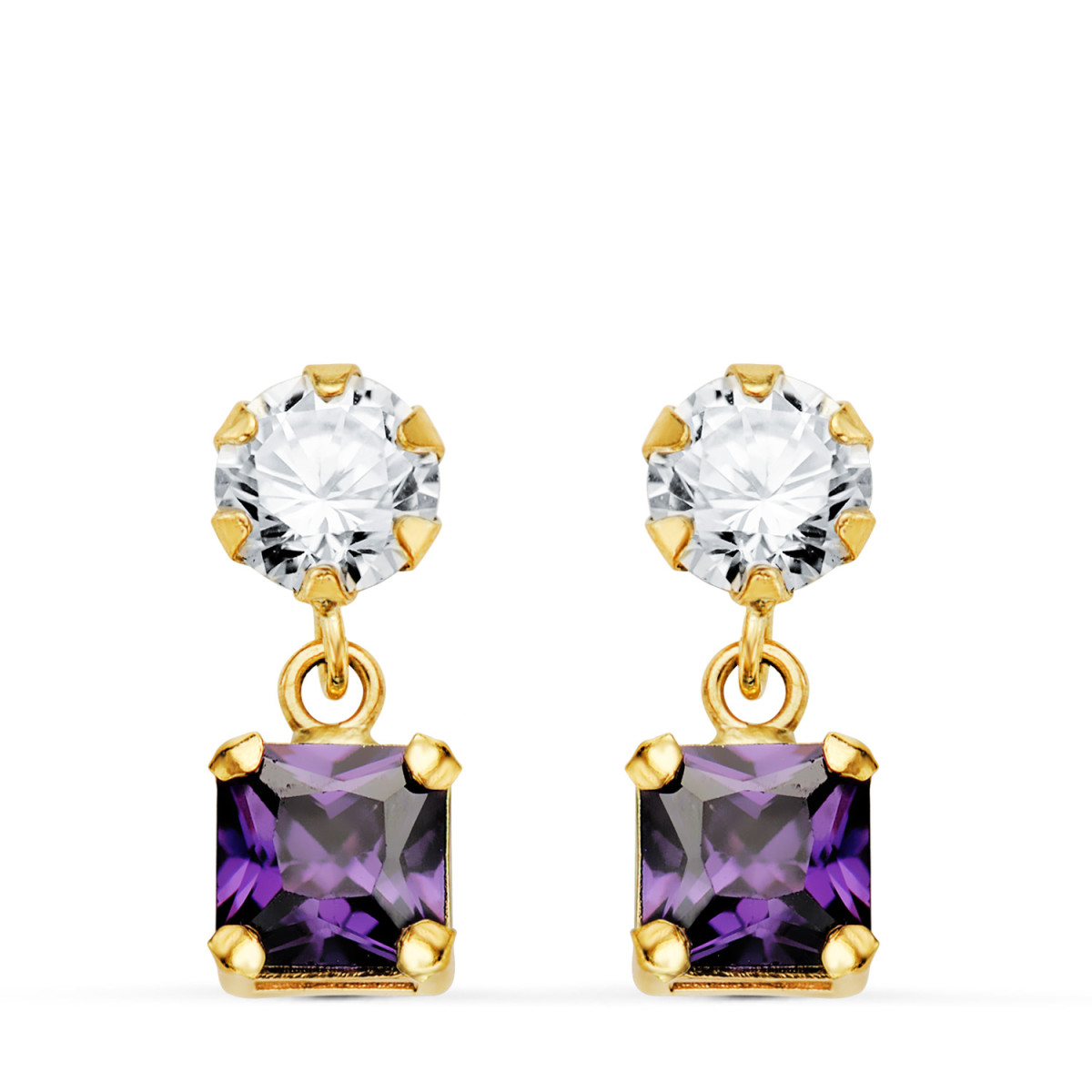 18K PENDIENTES ORO AMARILLO DOS CUERPOS CON CIRCONITA Y AMATISTA CUADRADA 14 X 5MM. CIERRE PRESION
