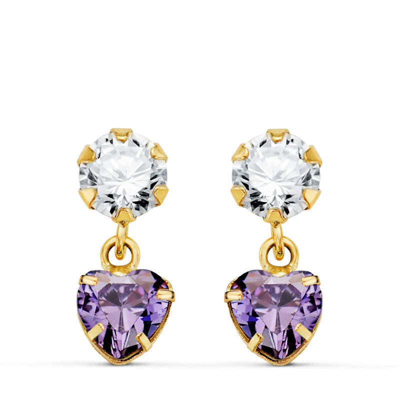 18K PENDIENTES ORO AMARILLO DOS CUERPOS CON CIRCONITA Y AMATISTA CORAZON 14 X 5MM. CIERRE PRESION