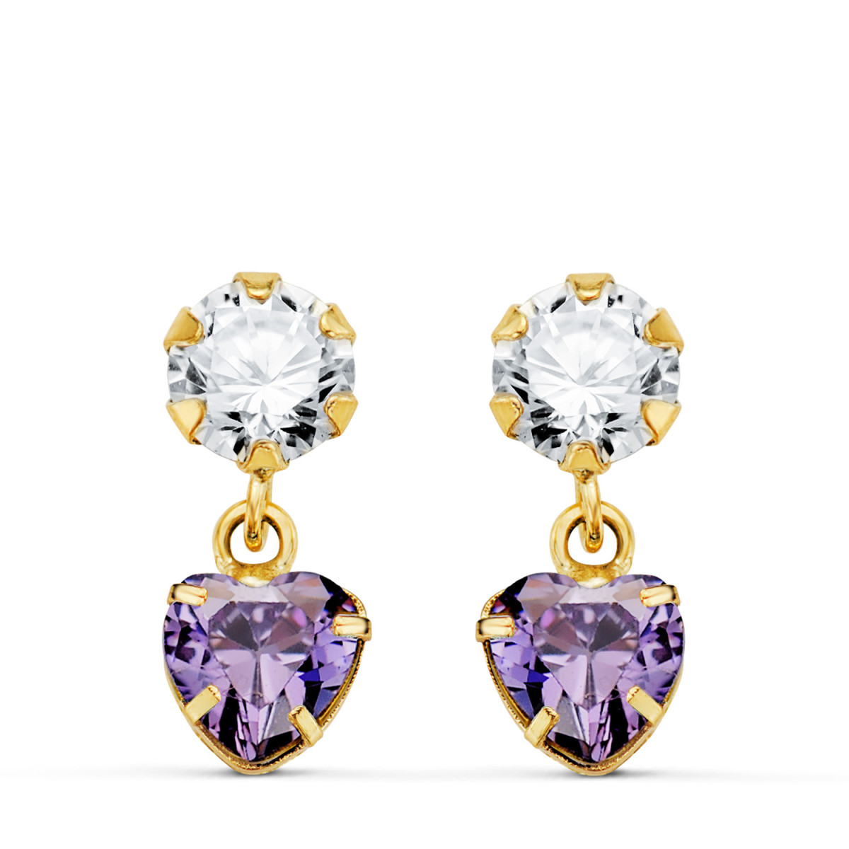18K PENDIENTES ORO AMARILLO DOS CUERPOS CON CIRCONITA Y AMATISTA CORAZON 14 X 5MM. CIERRE PRESION