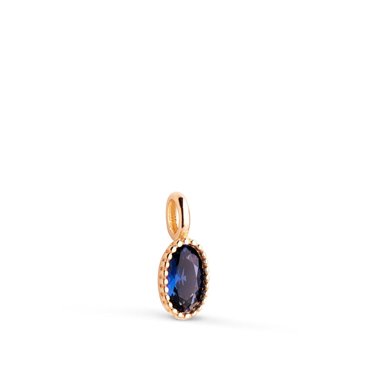 18K COLGANTE ORO AMARILLO OVAL PIEDRA AZUL BORDES BOLITAS. MEDIDA: 9 X 4MM