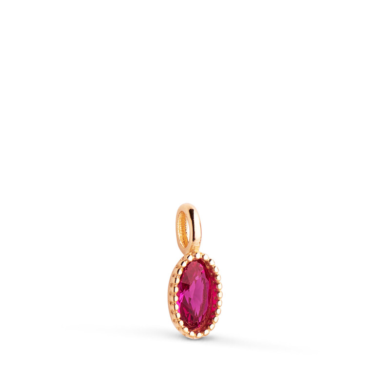 18K COLGANTE ORO AMARILLO OVAL PIEDRA ROJA BORDES BOLITAS. MEDIDA: 9 X 4MM