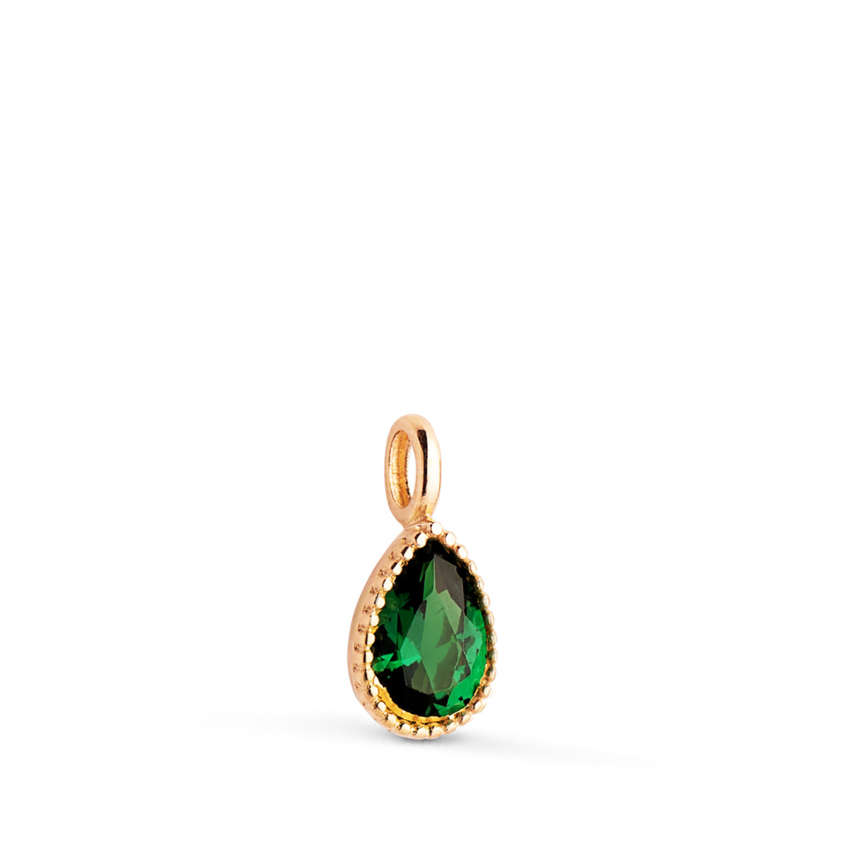 18K COLGANTE ORO AMARILLO GOTA PIEDRA VERDE BORDES BOLITAS. MEDIDA: 11 X 5MM