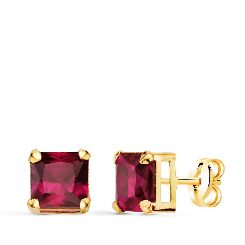 18K PENDIENTES ORO AMARILLO CUADRADOS PIEDRA COLOR ROJO 6 X 6 MM. CIERRE PRESION