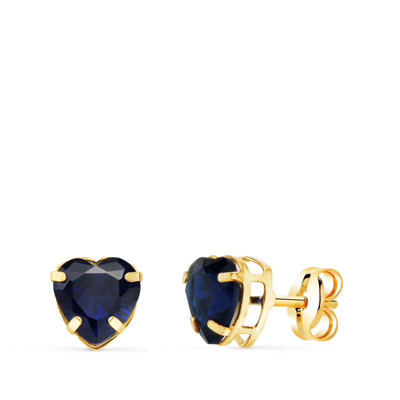 18K PENDIENTES ORO AMARILLO CORAZON PIEDRA COLOR AZUL 6 X 6 MM. CIERRE PRESION