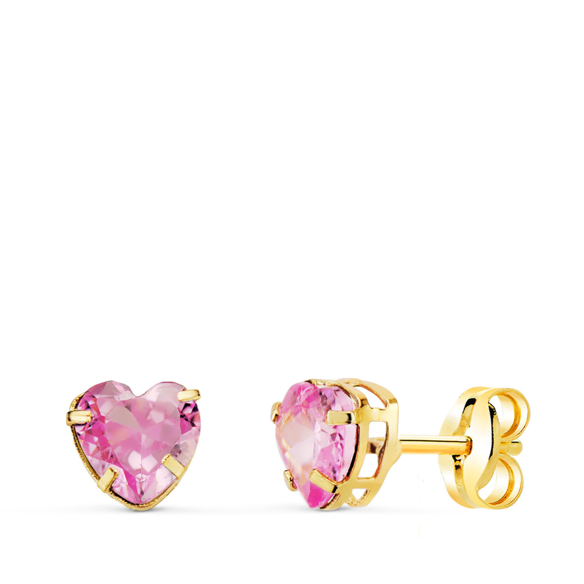 18K PENDIENTES ORO AMARILLO CORAZON CON CIRCONITA ROSA. MEDIDA: 5X5 MM. CIERRE PRESION