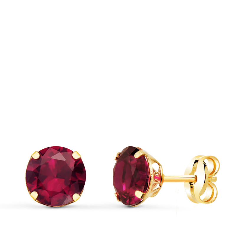 18K PENDIENTES ORO AMARILLO REDONDOS PIEDRA ROJA 6 MM. CIERRE PRESION