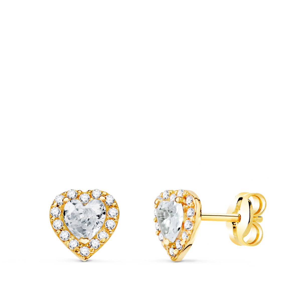 18K PENDIENTES ORO AMARILLO CORAZON CIRCONITA BLANCAS 6,5 X 6,5 MM. CIERRE PRESION