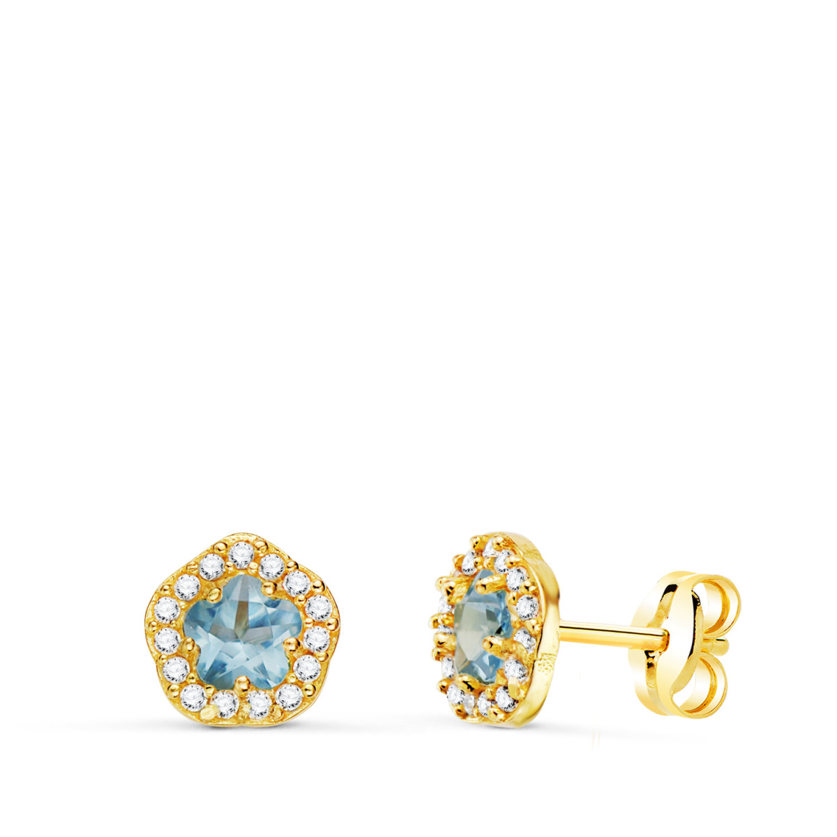 18K PENDIENTES ORO AMARILLO FLOR CIRCONITA Y AGUA MARINA 7 X 6,5 MM. CIERRE PRESION