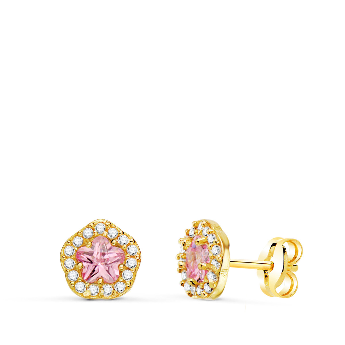 18K PENDIENTES ORO AMARILLO FLOR CIRCONITA Y PIEDRA ROSA 7 X 6,5 MM. CIERRE PRESION