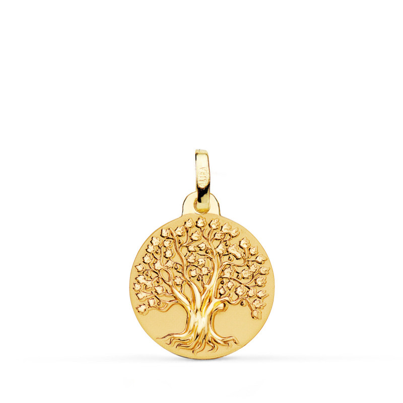 18K MEDALLA ORO AMARILLO ARBOL DE LA VIDA MATIZADA y BRILLO 16 MM