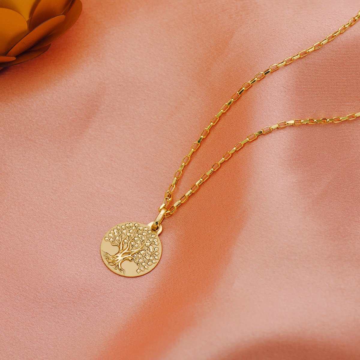 18K MEDALLA ORO AMARILLO ARBOL DE LA VIDA MATIZADA y BRILLO 16 MM