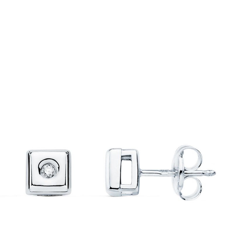18K PENDIENTES CHATON CUADRADO ORO BLANCO DIAMANTES LABORATORIO 0,040 QTS. G-VS2 CIERRE PRESION 5,5 MM