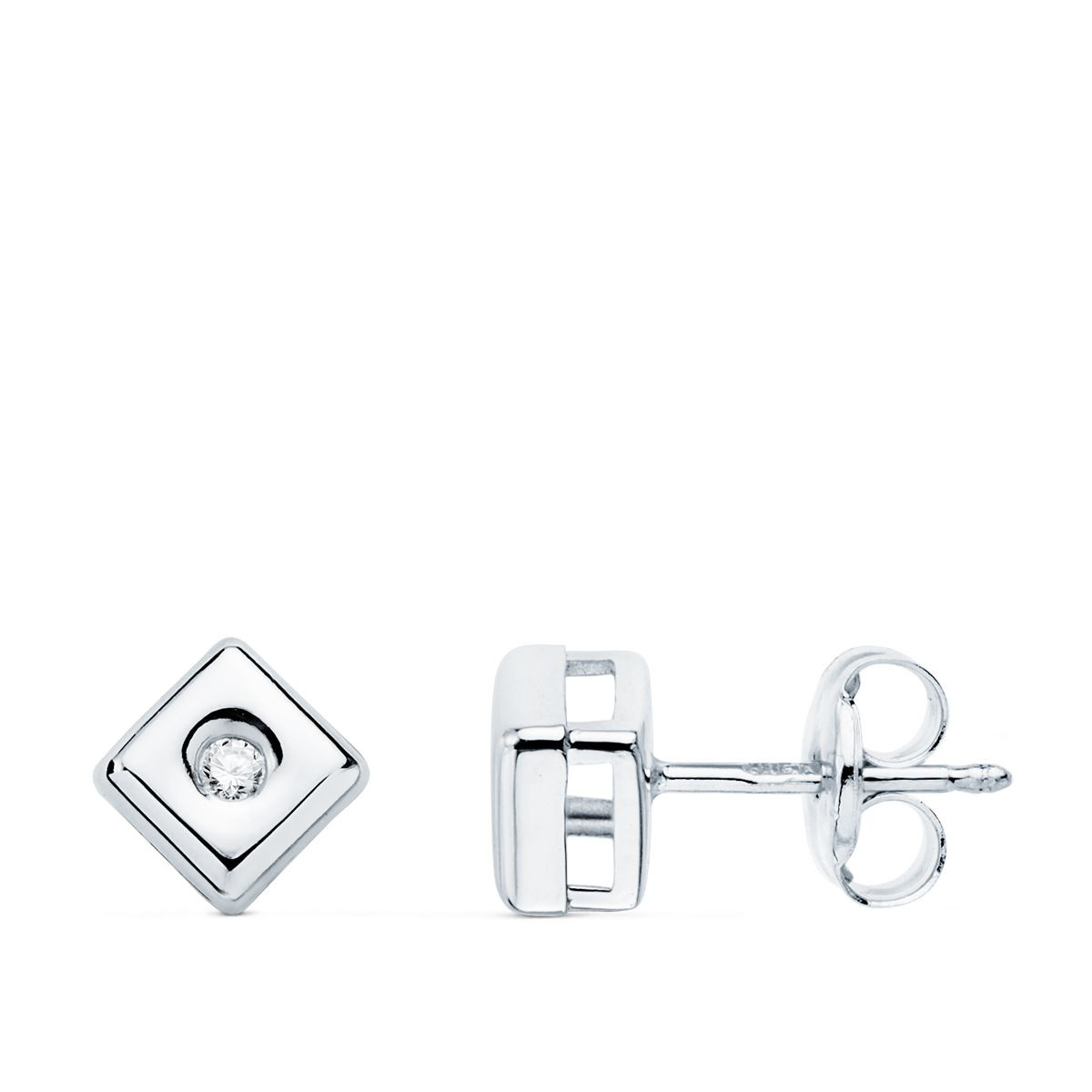 18K PENDIENTES CHATON CUADRADO ORO BLANCO DIAMANTES LABORATORIO 0,040 QTS. G-VS2 CIERRE PRESION 5,5 MM