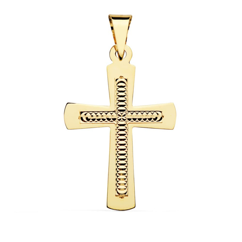 18K CRUZ ORO AMARILLO SIN CRISTO TALLADA. 34 X 22 MM