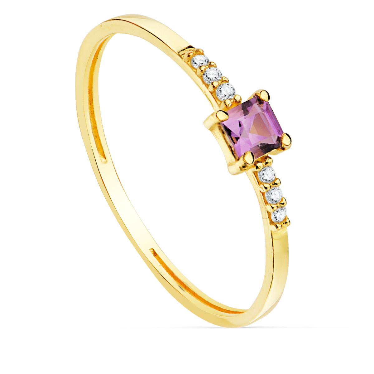 18K SORTIJA ORO AMARILLO 6 DIAMANTES DE LABORATORIO  0,030QTS. G-VS2. AMATISTA 3X3MMCUERPO 1 MM