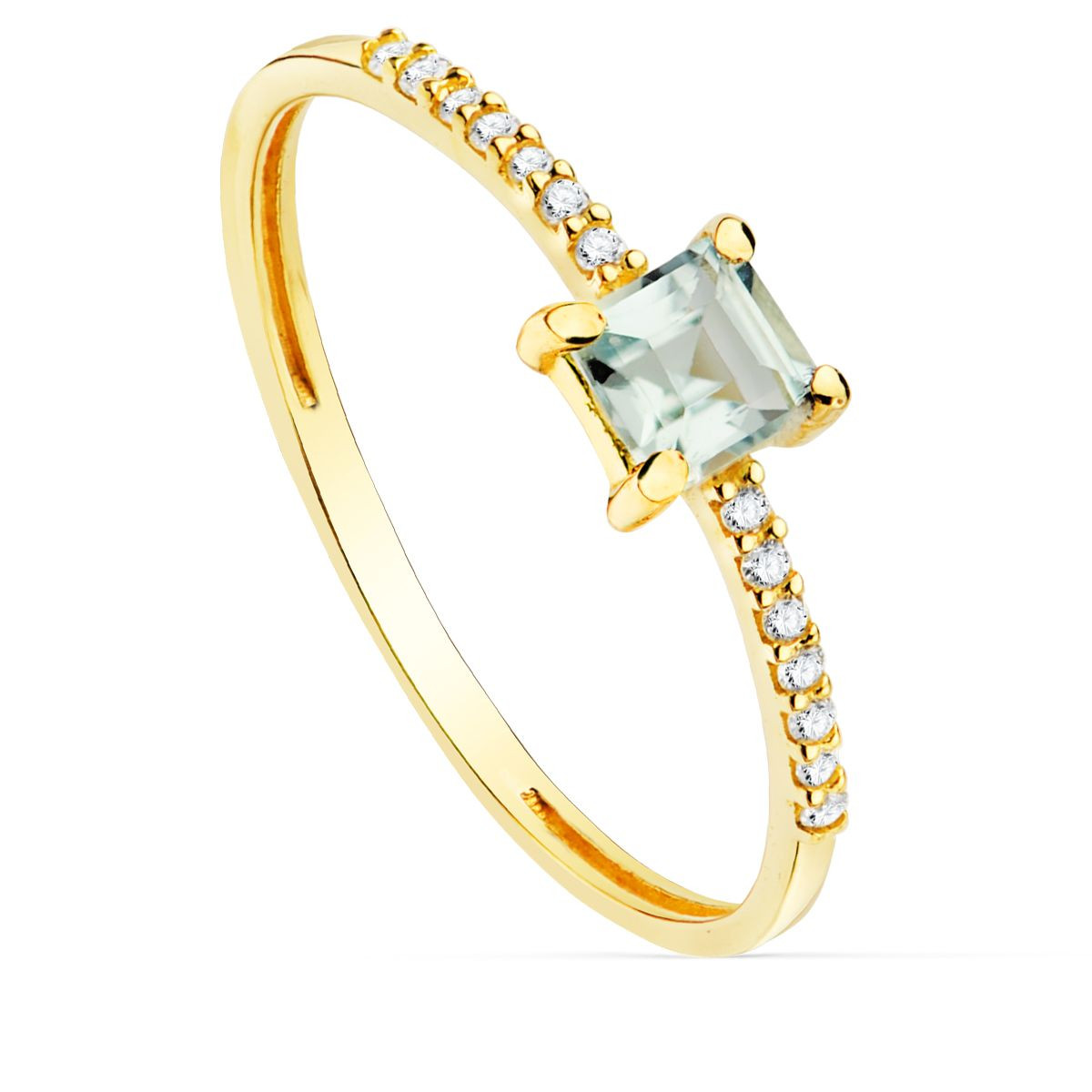 18K SORTIJA ORO AMARILLO 14 DIAMANTES DE LABORATORIO 0,070  QTS. G-VS2 AGUAMARINA 4X4 MM ANCHO 1 MM