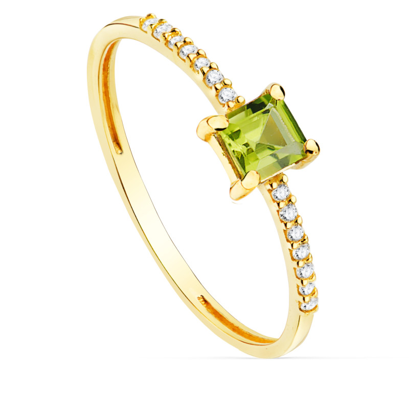 18K SORTIJA ORO AMARILLO 14 DIAMANTES DE LABORATORIO 0,070  QTS. G-VS2. OLIVINA 4X4 MM CUERPO 1 MM