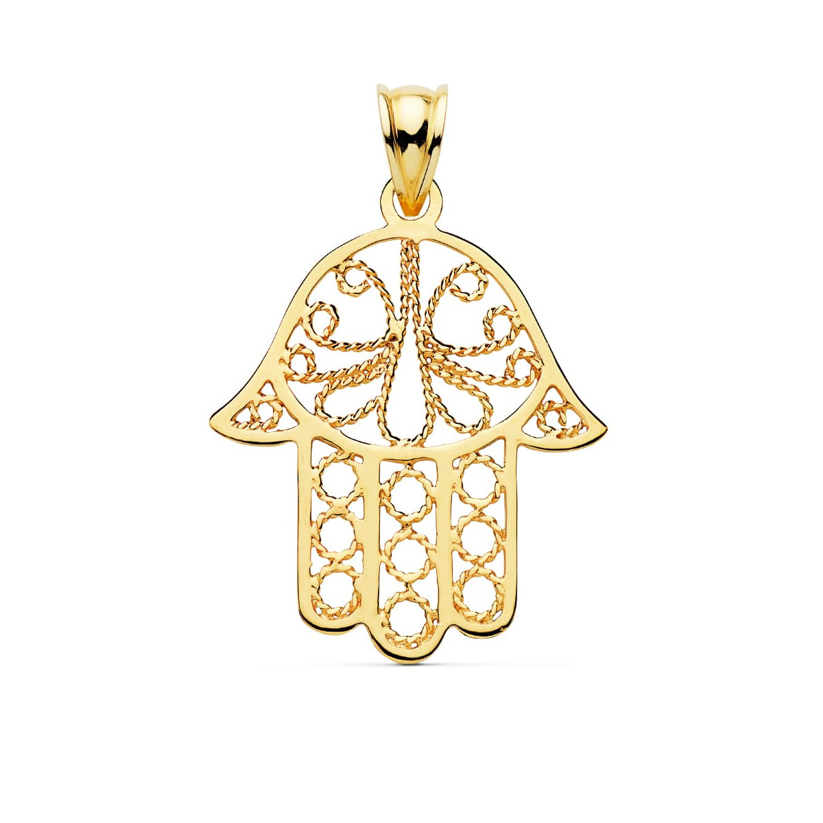 18K COLGANTE AMULETO ORO AMARILLO MANO DE FATIMA CALADA 36 X 31 MM