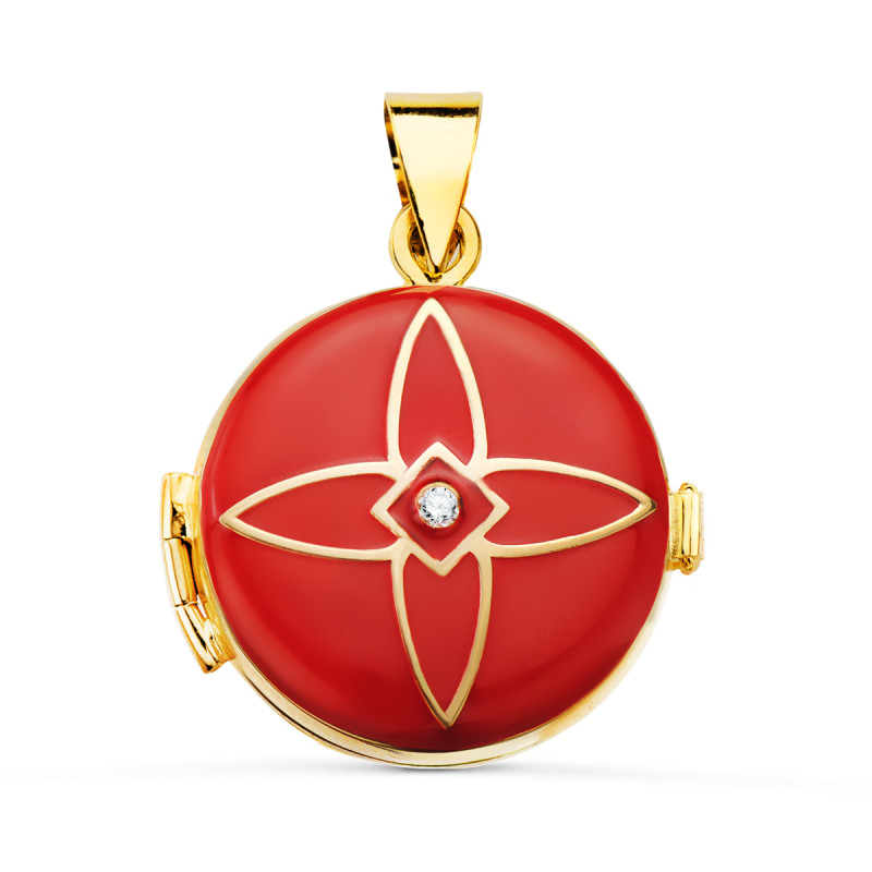 18K GUARDAPELO DIJE PORTAFOTOS COLGANTE ORO AMARILLO GUARDAPELO DIJE REDONDO ESMALTE ROJO DIAMANTE 0.035 QTES. 21 MM