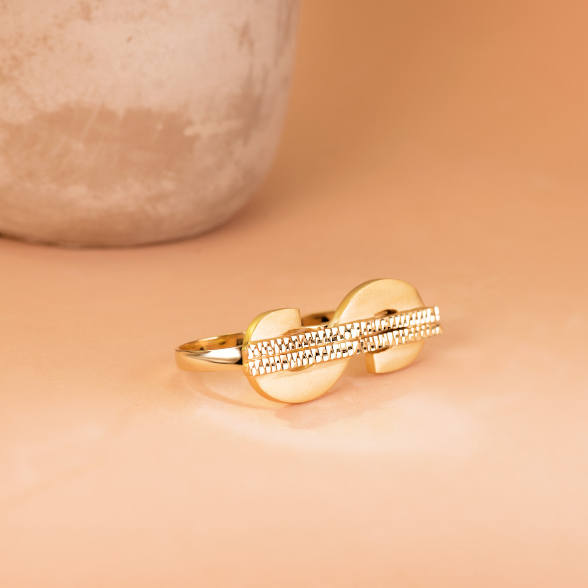18K SELLO ORO AMARILLO SIMBOLO DOLAR TALLADO DOS CUERPOS 50X17 MM