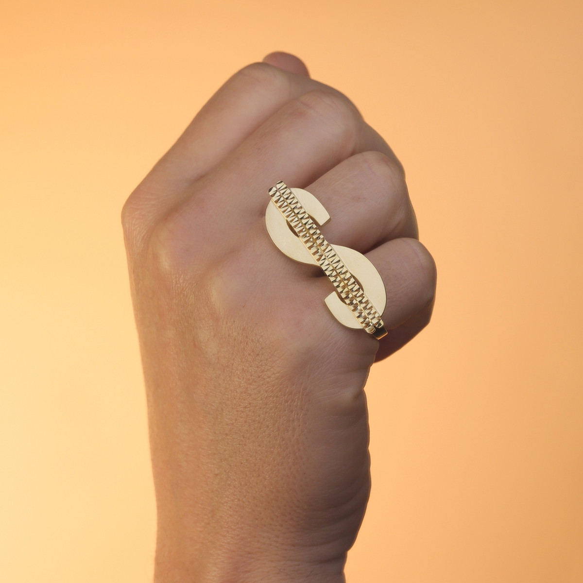 18K SELLO ORO AMARILLO SIMBOLO DOLAR TALLADO DOS CUERPOS 50X17 MM