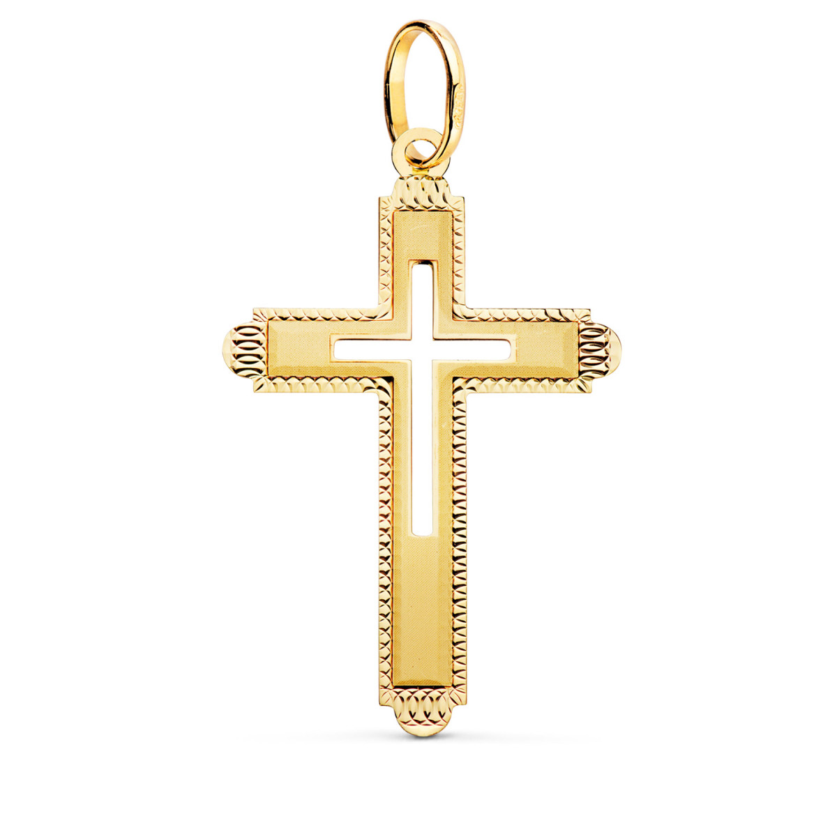 18K CRUZ ORO AMARILLO SIN CRISTO TALLADA Y MATIZADA 35X22 MM