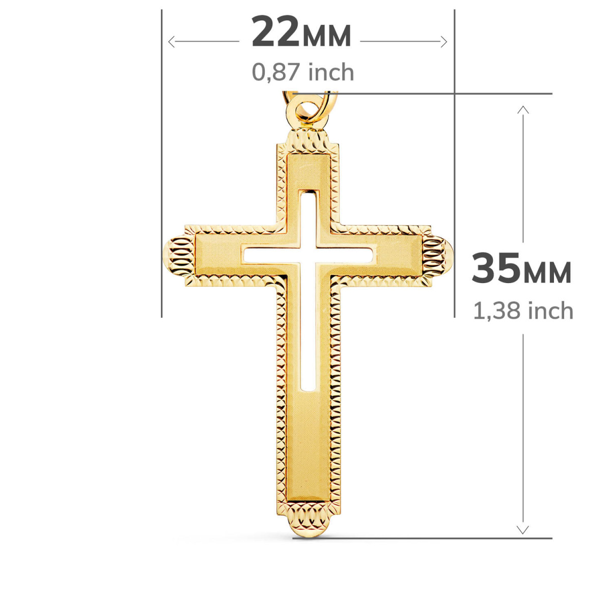 18K CRUZ ORO AMARILLO SIN CRISTO TALLADA Y MATIZADA 35X22 MM