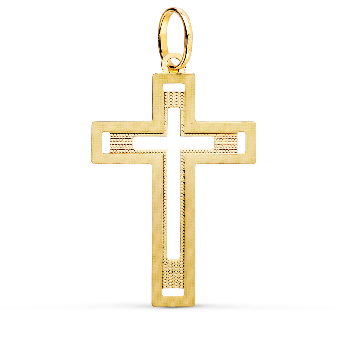 18K CRUZ ORO AMARILLO SIN CRISTO TALLADA Y MATIZADA 35X22 MM