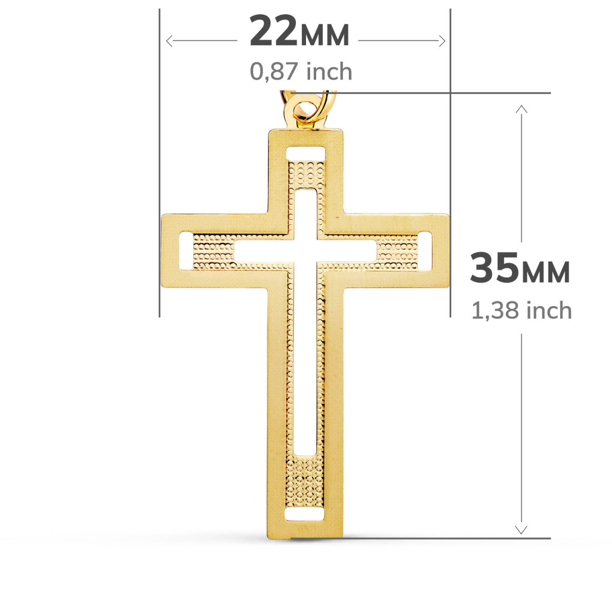 18K CRUZ ORO AMARILLO SIN CRISTO TALLADA Y MATIZADA 35X22 MM