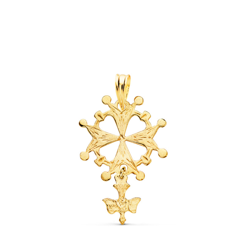 18K CRUZ DE HUGUENOTTE ORO AMARILLO CON PALOMA. 28 X 17 MM