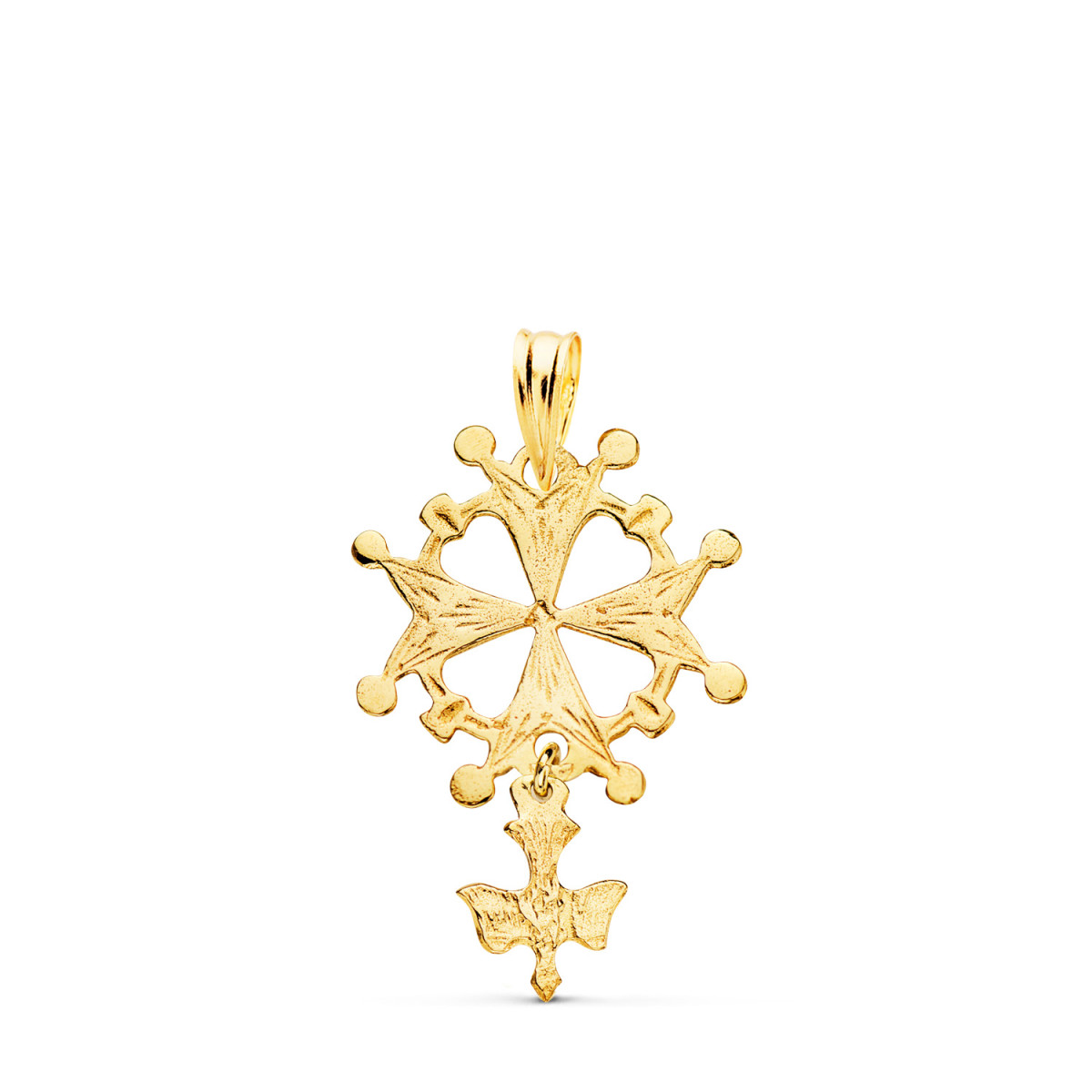 18K CRUZ DE HUGUENOTTE ORO AMARILLO CON PALOMA. 28 X 17 MM
