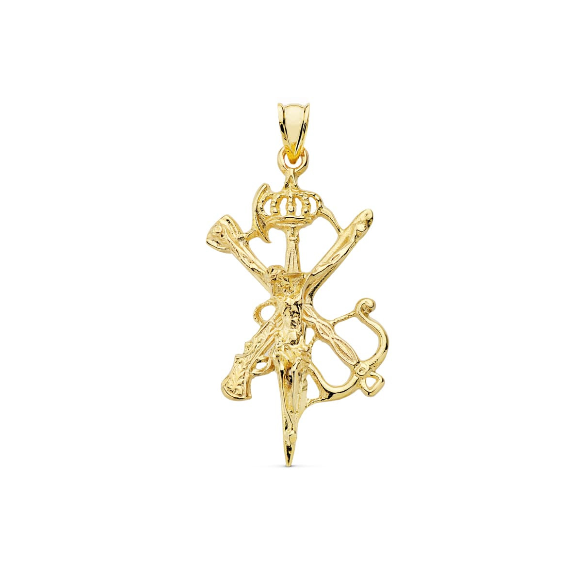 18K COLGANTE CRUZ CRISTO LEGION GRANDE CON CORONA ORO AMARILLO 45X30 MM