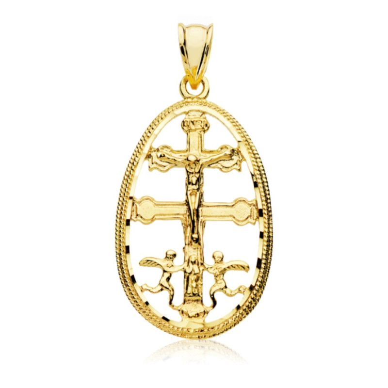 18K COLGANTE CRUZ DE CARAVACA CERCO ORO AMARILLO 30X18 MM