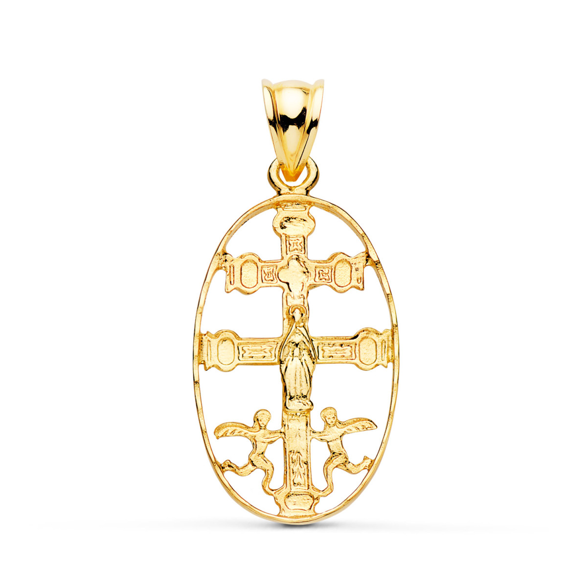 18K CRUZ DE CARAVACA ORO AMARILLO CERCO OVAL TALLADO. 27 X 17MM
