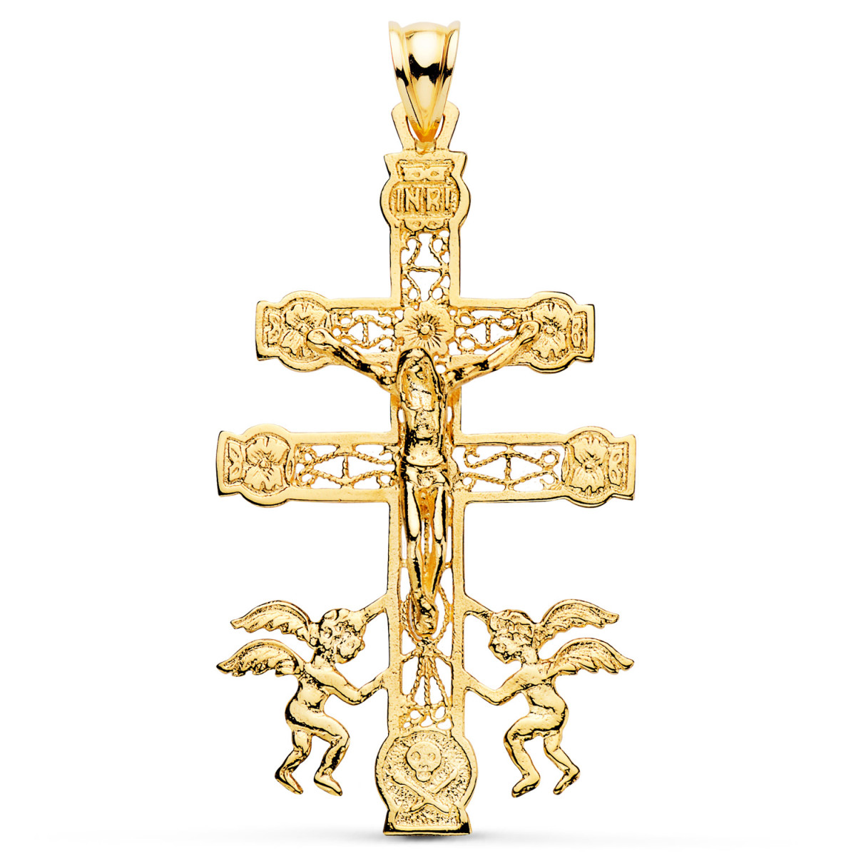 18K CRUZ DE CARAVACA ORO AMARILLO CALADA 49X27 MM