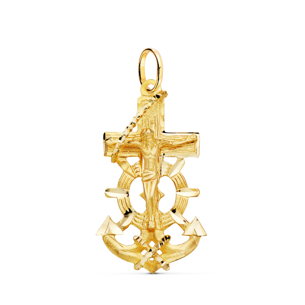 18K CRUZ MARINERA ORO AMARILLO CON CRISTO TALLADA 35X20 MM