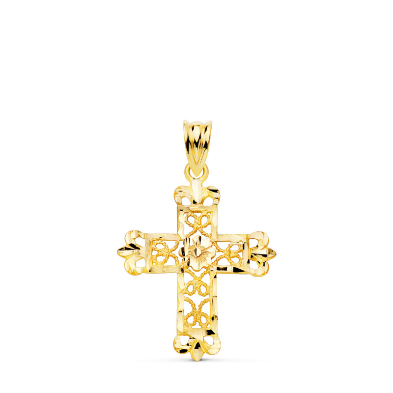 18K CRUZ ORO AMARILLO FILIGRANA BORDES TALLADOS. 27X22 MM