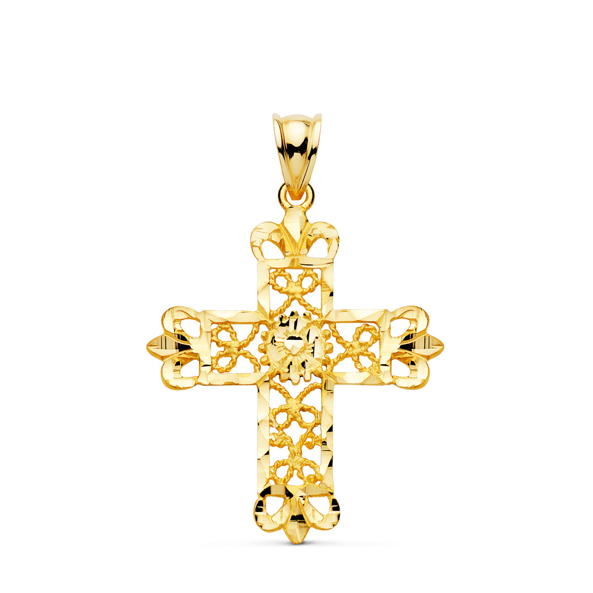 18K CRUZ ORO AMARILLO FILIGRANA BORDES TALLADOS. 35X29 MM