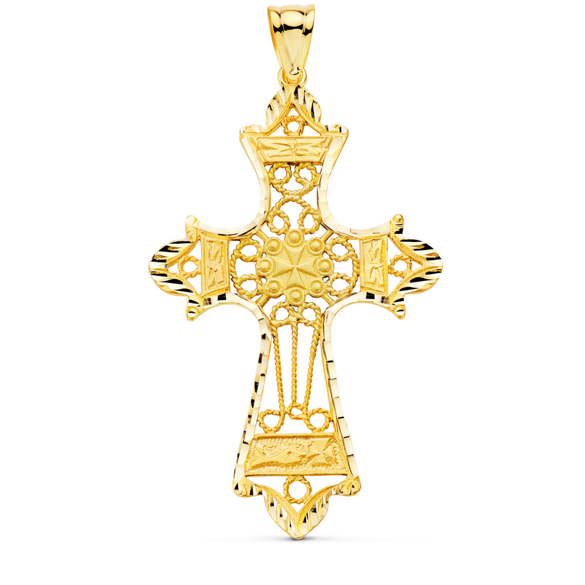 18K CRUZ ORO AMARILLO FILIGRANA BORDES TALLADOS. 60X37 MM
