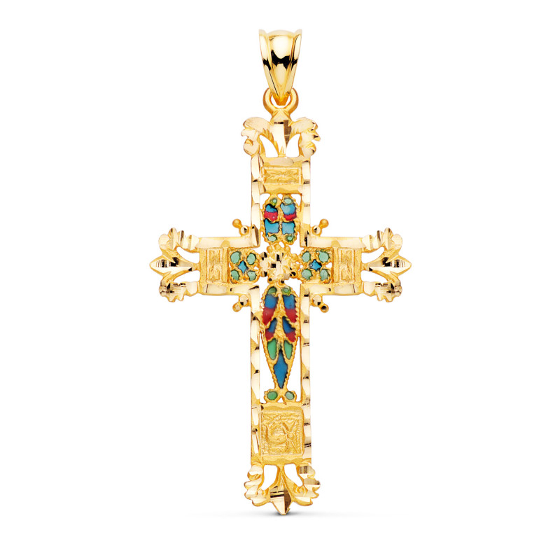 18K CRUZ ORO AMARILLO VIDRIERA CATEDRAL BORDES TALLADOS. 40X25 MM