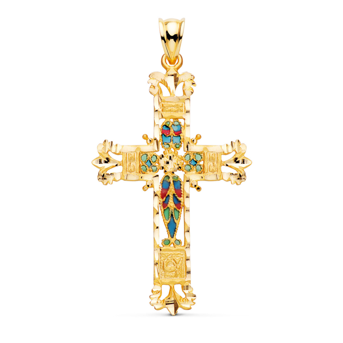 18K CRUZ ORO AMARILLO VIDRIERA CATEDRAL BORDES TALLADOS. 44X28 MM