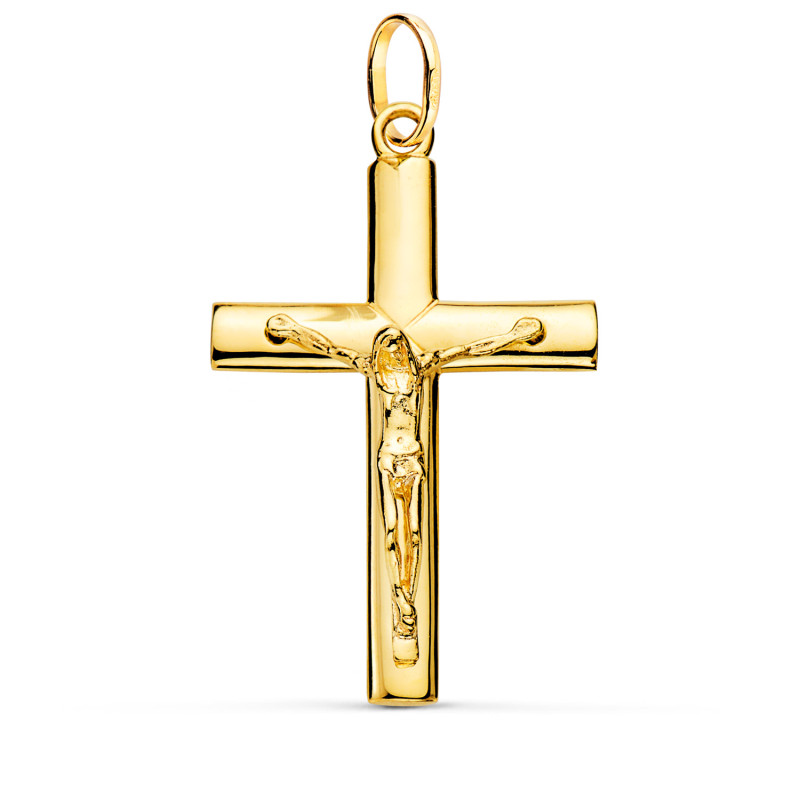 18K CRUZ ORO AMARILLO CRISTO MACIZA MEDIO PALO REDONDO BRILLO 38 X 24 MM