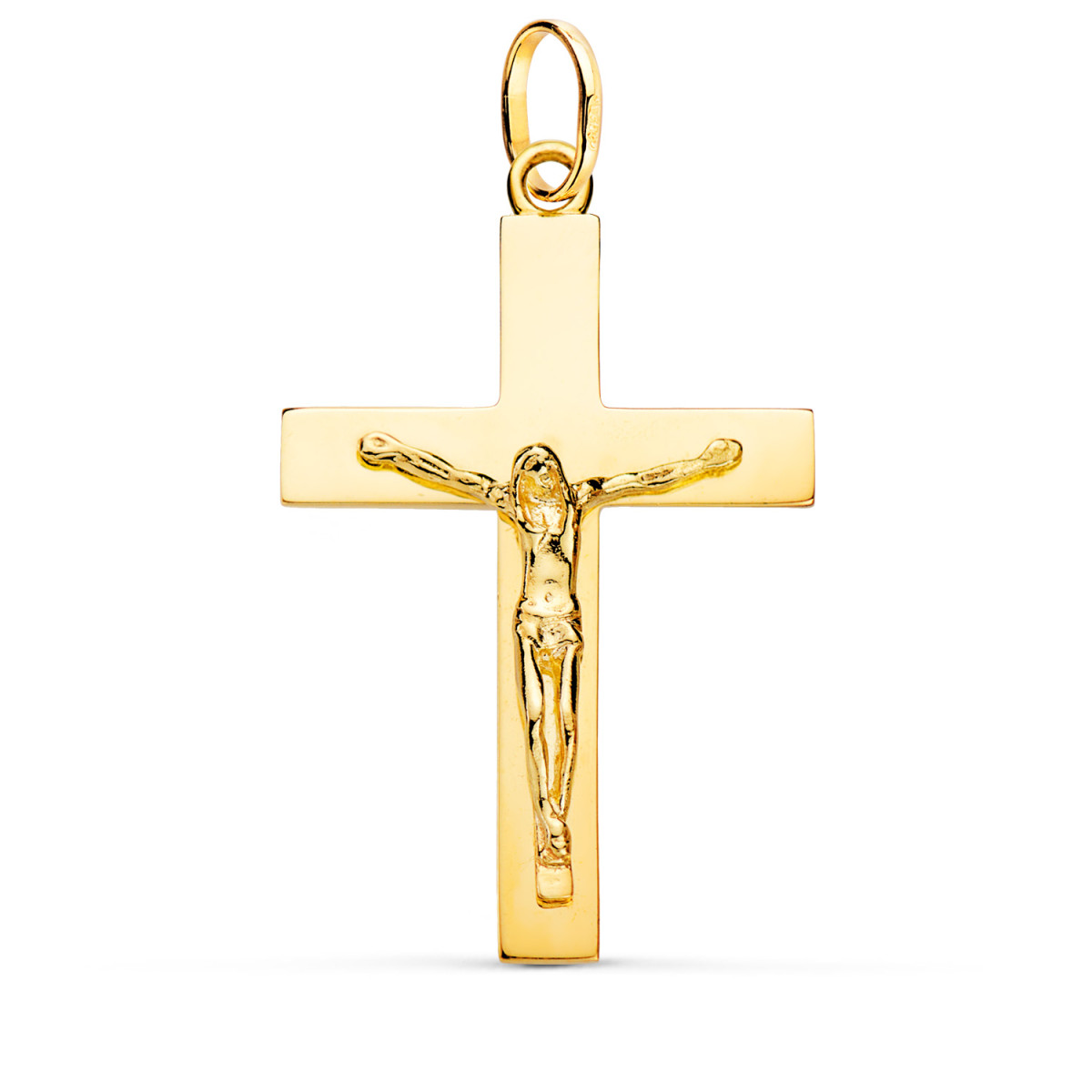 18K CRUZ ORO AMARILLO CRISTO MACIZA PALO RECTANGULAR BRILLO 38 X 24 MM